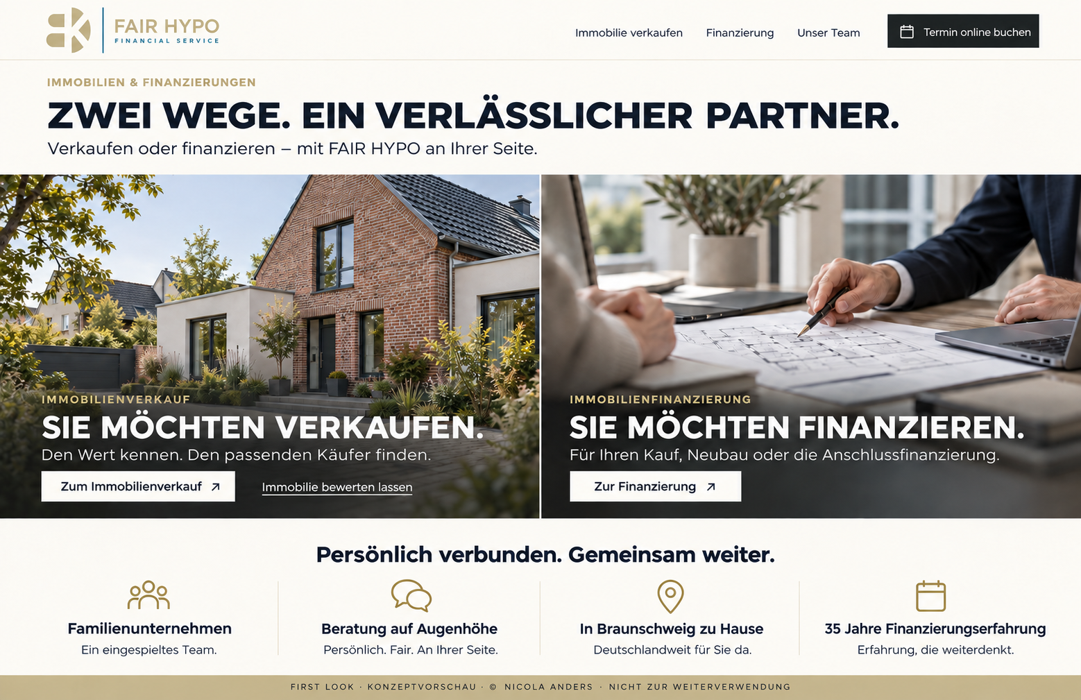 Gekennzeichnete FAIR HYPO-Konzeptvorschau: zwei getrennte Einstiege für Immobilienverkauf und Finanzierung, bestehendes Logo und Vertrauensargumente.